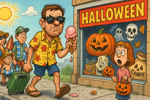 Image of man walking down the street carrying a melting ice cream cone while Halloween decorations are in the store window behind him.