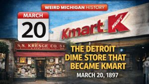 Weird Michigan History graphic showing March 20 with a vintage Detroit Kresge dime store and a modern Kmart storefront