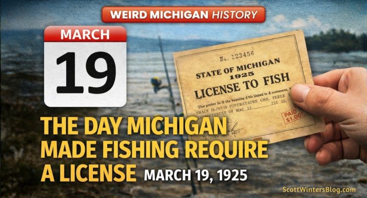 Vintage-style graphic showing March 19 with a 1925 Michigan fishing license over a lake background representing the first fishing license law