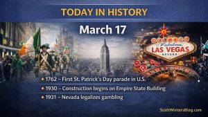 March 17 Today in History graphic showing the first St. Patrick’s Day parade in America, construction beginning on the Empire State Building, and Nevada legalizing gambling