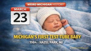 Weird Michigan History graphic showing March 23 with a newborn baby representing Michigan’s first test-tube baby in 1984