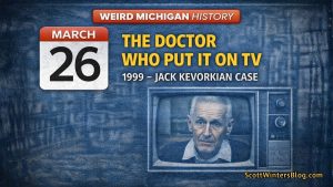 Weird Michigan History graphic showing March 26 with a vintage television representing the Jack Kevorkian case in Michigan