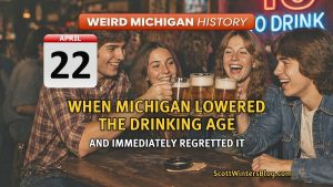 Group of young adults in a 1970s-style bar raising beer mugs together, with a neon “18 to drink” sign glowing in the background, representing Michigan’s short-lived lower drinking age era.