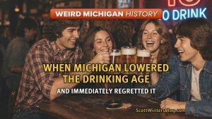 Group of young adults in a 1970s-style bar raising beer mugs together, with a neon “18 to drink” sign glowing in the background, representing Michigan’s short-lived lower drinking age era.