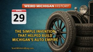 Vintage automobile tire and early car with “April 29” calendar graphic, representing how rubber helped build Michigan’s auto industry.
