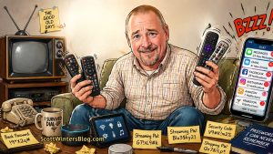 Cartoon illustration of a man with a goatee sitting on a couch surrounded by multiple remotes, a smartphone, and notes with passwords, looking overwhelmed by modern technology.