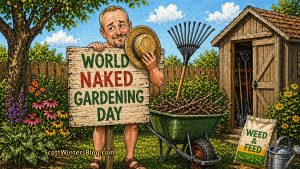 Cartoon illustration of a man hiding behind a “World Naked Gardening Day” sign in a backyard, holding a hat with gardening tools and flowers nearby.