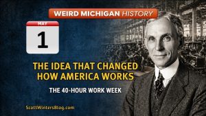 Portrait of Henry Ford with early automobile factory assembly line in the background, representing the creation of the 40-hour workweek in Michigan.