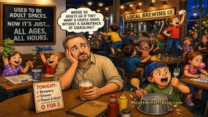 Cartoon illustration of a man sitting in a crowded brewery surrounded by noisy children, looking overwhelmed while holding a beer.