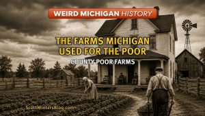 Historic farmhouse and farmland representing Michigan county poor farms used for struggling residents in the late 1800s and early 1900s.