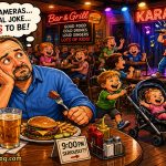 Cartoon scene of a man holding a beer and staring in disbelief as kids sing karaoke at a busy bar on a Friday night.