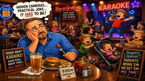 Cartoon scene of a man holding a beer and staring in disbelief as kids sing karaoke at a busy bar on a Friday night.