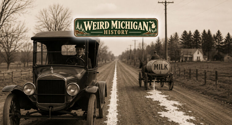 Early automobile and milk wagon on rural Michigan road representing the invention of painted center lines in 1911.