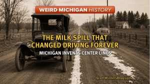 Early automobile and milk wagon on rural Michigan road representing the invention of painted center lines in 1911.