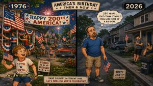 Split-scene cartoon comparing America’s patriotic 1976 Bicentennial celebration with a quieter modern-day Fourth of July, as a man stands holding a flag and reflecting on how times have changed.