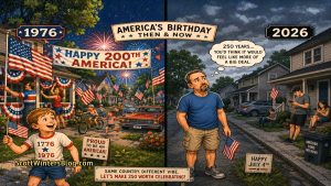 Split-scene cartoon comparing America’s patriotic 1976 Bicentennial celebration with a quieter modern-day Fourth of July, as a man stands holding a flag and reflecting on how times have changed.