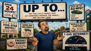 Comic-style illustration of a man standing beneath a giant "UP TO..." billboard surrounded by humorous advertisements, including "Open 24 Hours," "Freshly Baked," "1 Gig Internet," and "Same Day Delivery," poking fun at misleading marketing claims.