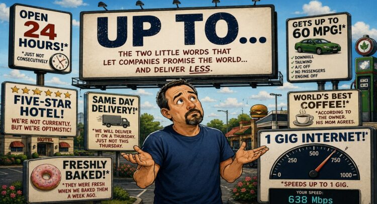 Comic-style illustration of a man standing beneath a giant "UP TO..." billboard surrounded by humorous advertisements, including "Open 24 Hours," "Freshly Baked," "1 Gig Internet," and "Same Day Delivery," poking fun at misleading marketing claims.