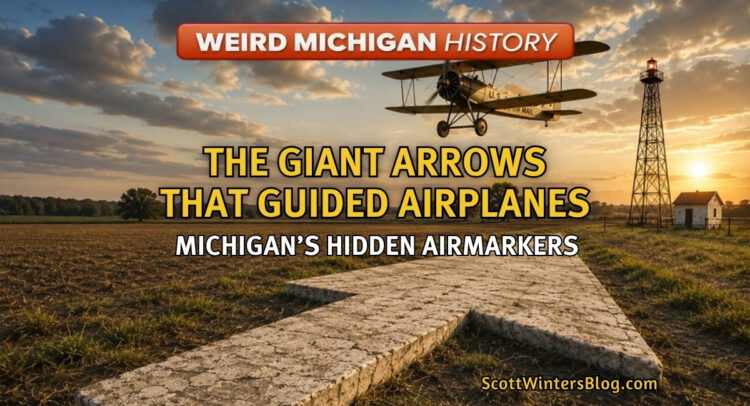 Vintage biplane flying over a giant concrete arrow and airway beacon tower in rural Michigan, illustrating the early airmail navigation system used before GPS.