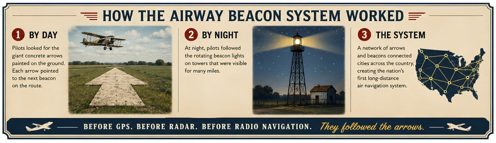 Infographic explaining how Michigan's early airmail navigation system used giant concrete arrows and rotating beacon towers to guide pilots before GPS.