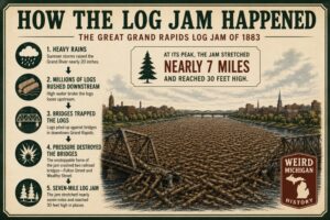 Infographic illustrating how the Great Grand Rapids Log Jam of 1883 formed, showing heavy rains, millions of floating logs, bridge collapses, and the massive seven-mile log jam that filled the Grand River.