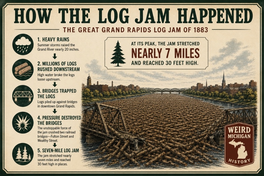 Infographic illustrating how the Great Grand Rapids Log Jam of 1883 formed, showing heavy rains, millions of floating logs, bridge collapses, and the massive seven-mile log jam that filled the Grand River.
