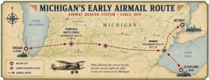 Illustrated map showing Michigan's early airmail routes, including airway beacon stations near Monroe and Pennfield that helped guide pilots before GPS.