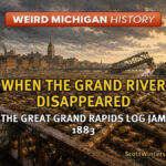 Dramatic illustration of the Great Grand Rapids Log Jam of 1883, showing the Grand River completely covered with floating logs as crowds watch two railroad bridges collapse in downtown Grand Rapids.