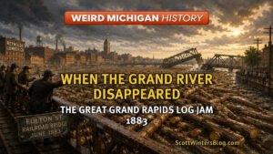 Dramatic illustration of the Great Grand Rapids Log Jam of 1883, showing the Grand River completely covered with floating logs as crowds watch two railroad bridges collapse in downtown Grand Rapids.