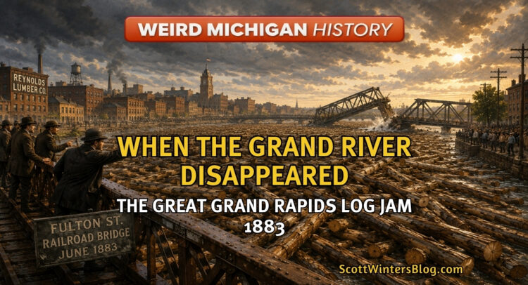 Dramatic illustration of the Great Grand Rapids Log Jam of 1883, showing the Grand River completely covered with floating logs as crowds watch two railroad bridges collapse in downtown Grand Rapids.