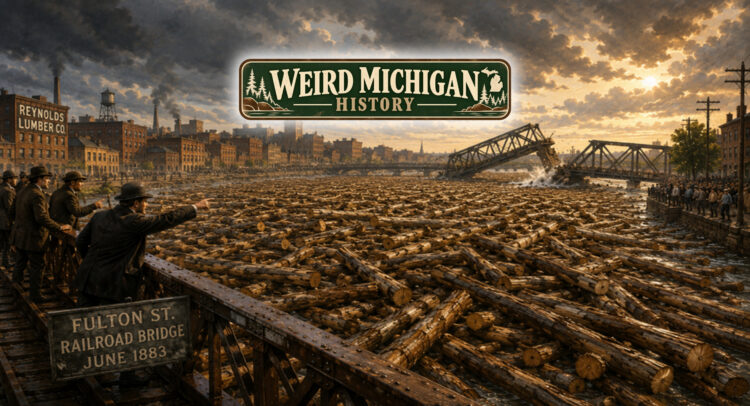 Dramatic illustration of the Great Grand Rapids Log Jam of 1883, showing the Grand River completely covered with floating logs as crowds watch two railroad bridges collapse in downtown Grand Rapids.