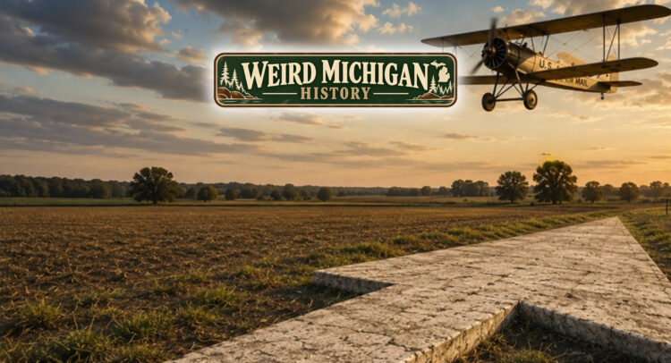 Vintage biplane flying over a giant concrete arrow and airway beacon tower in rural Michigan, illustrating the early airmail navigation system used before GPS.