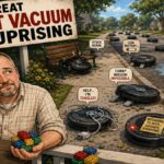 Comic-style illustration of a man watching a humorous robot vacuum “uprising,” as robotic vacuums become tangled in cords, run out of battery, get stuck on curbs, and fail to navigate everyday obstacles in a suburban neighborhood.
