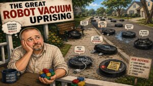 Comic-style illustration of a man watching a humorous robot vacuum “uprising,” as robotic vacuums become tangled in cords, run out of battery, get stuck on curbs, and fail to navigate everyday obstacles in a suburban neighborhood.