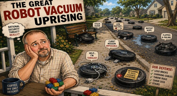Comic-style illustration of a man watching a humorous robot vacuum “uprising,” as robotic vacuums become tangled in cords, run out of battery, get stuck on curbs, and fail to navigate everyday obstacles in a suburban neighborhood.
