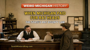 Illustration representing Michigan’s historic rat bounty law, in which the state paid cash for rat heads under a law first passed in 1915.