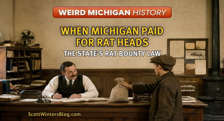 Illustration representing Michigan’s historic rat bounty law, in which the state paid cash for rat heads under a law first passed in 1915.