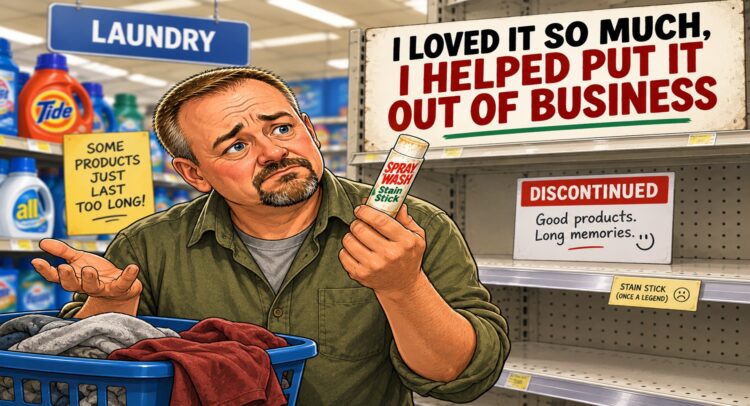 Comic-style illustration of a man holding his nearly empty Spray ’n Wash Stain Stick in a laundry aisle, looking disappointed after discovering the longtime stain remover has been discontinued.
