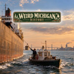 Mail boat delivering a bucket of mail to a Great Lakes freighter on the Detroit River at sunset, illustrating Detroit’s floating ZIP code and the J.W. Westcott mail service.