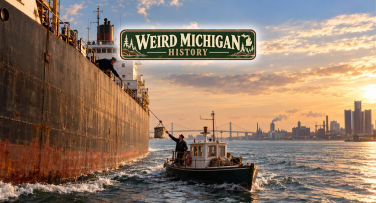Mail boat delivering a bucket of mail to a Great Lakes freighter on the Detroit River at sunset, illustrating Detroit’s floating ZIP code and the J.W. Westcott mail service.