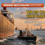 Mail boat delivering a bucket of mail to a Great Lakes freighter on the Detroit River at sunset, illustrating Detroit’s floating ZIP code and the J.W. Westcott mail service.