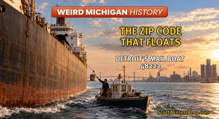 Mail boat delivering a bucket of mail to a Great Lakes freighter on the Detroit River at sunset, illustrating Detroit’s floating ZIP code and the J.W. Westcott mail service.